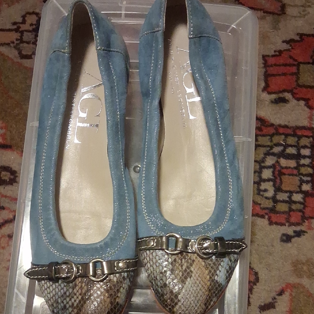 AGL Blue and Tan Flats with Buckle Detail
